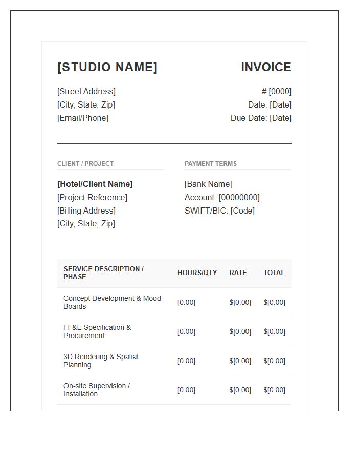 Hospitality Interior Design Service Invoice Template