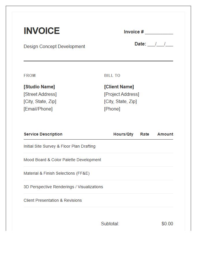 Interior Design Concept Development Invoice Template