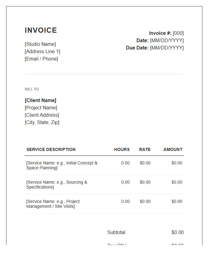 Interior Design Hourly Rate Invoice Template