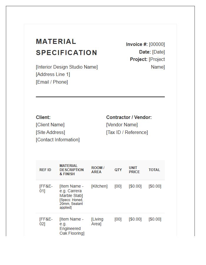 Interior Design Material Specification Invoice Template