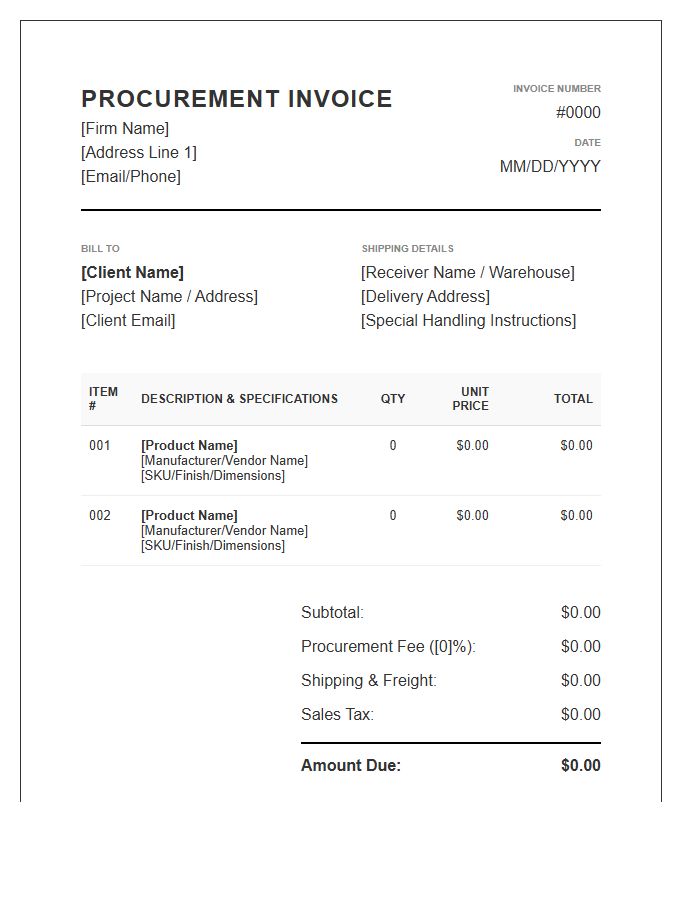 Interior Design Procurement Invoice Template