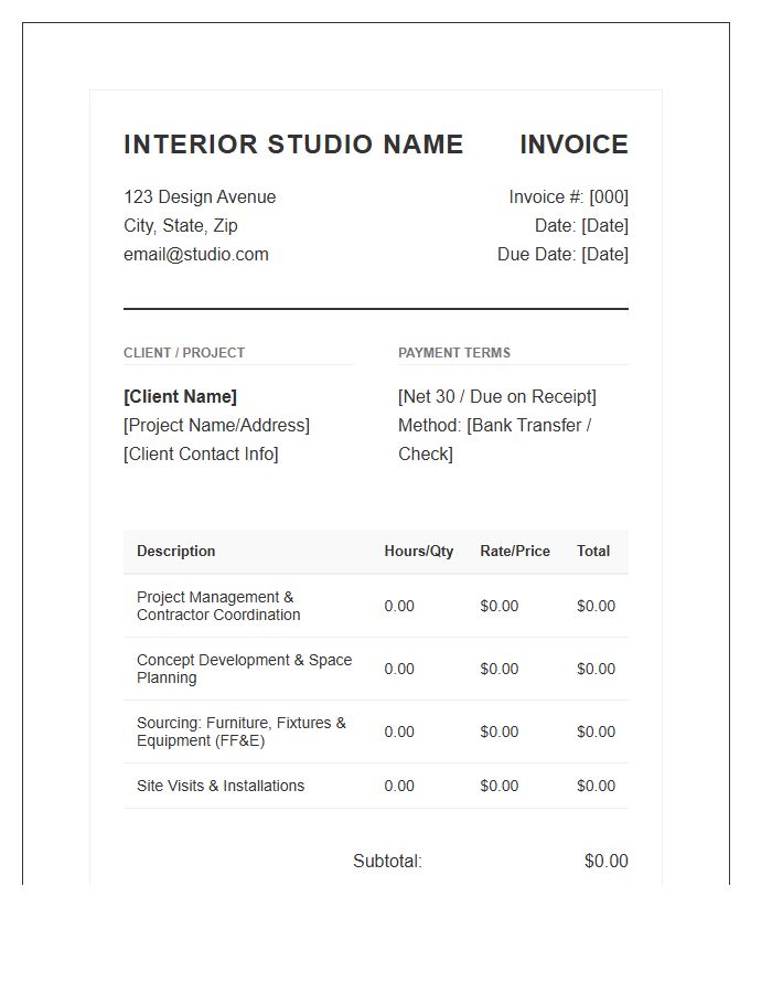Interior Design Project Management Invoice Template