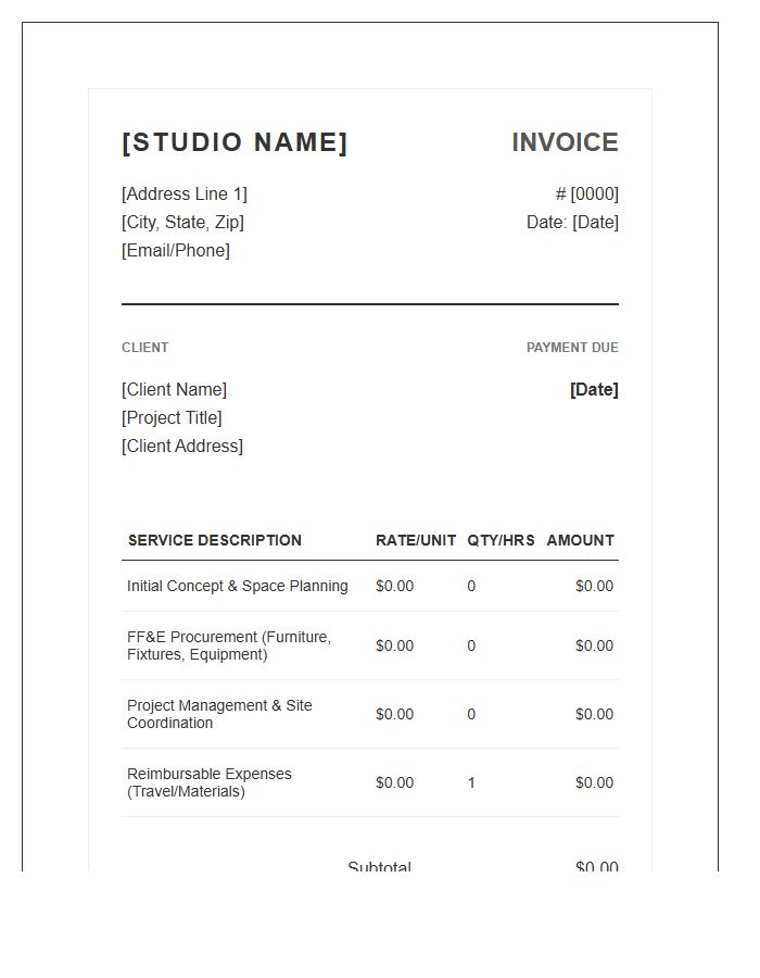 Professional Interior Design Service Invoice Template