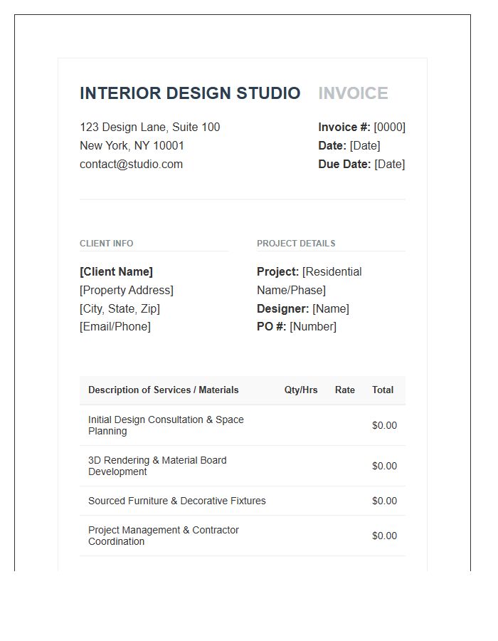 Residential Interior Design Service Invoice Template