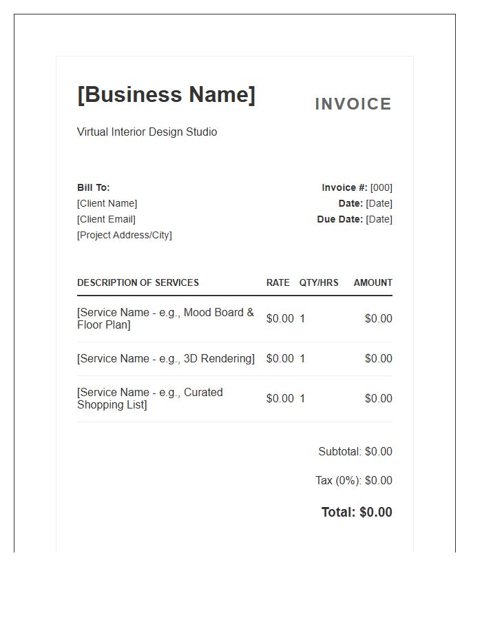 Virtual Interior Design Service Invoice Template