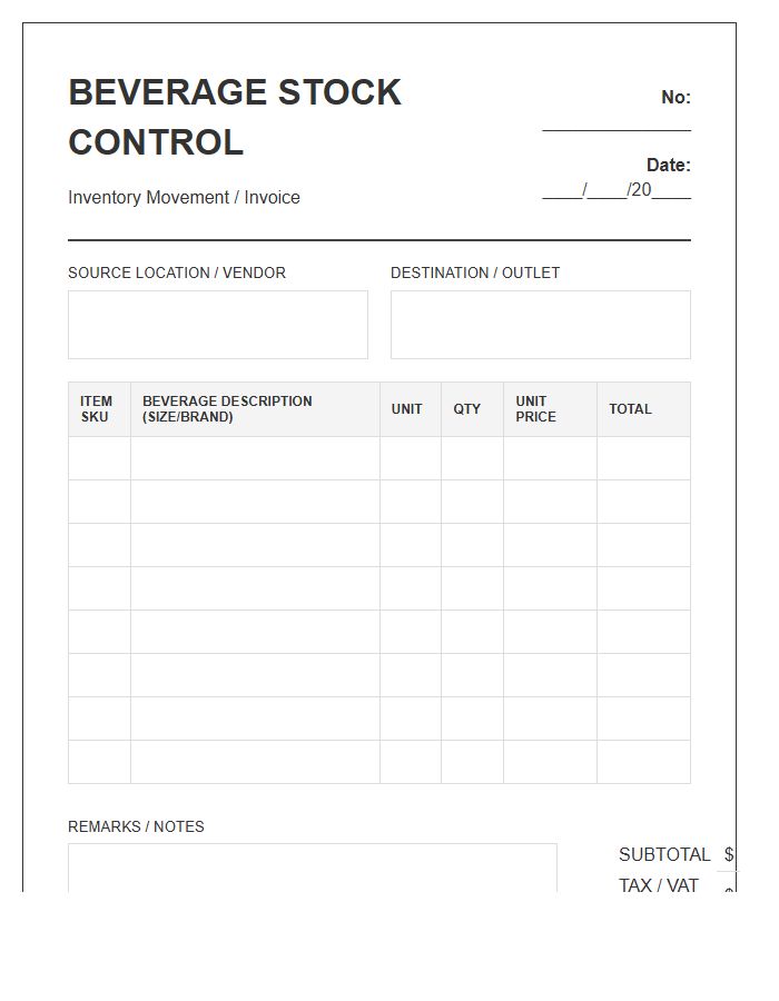 Beverage Stock Control Invoice Template