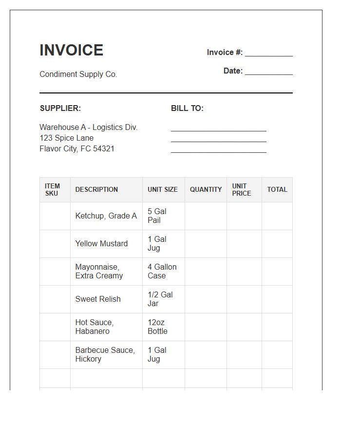 Condiment Inventory Supply Invoice Template