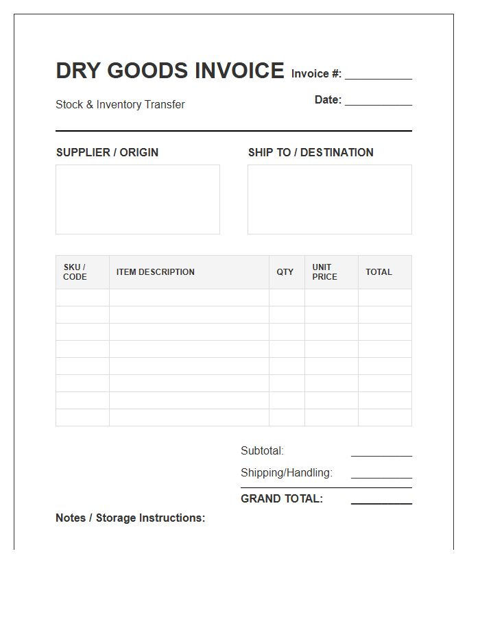 Dry Goods Stock Invoice Template