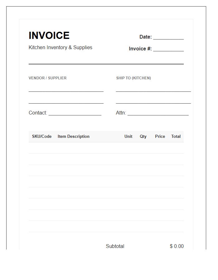 Professional Kitchen Inventory Invoice Template