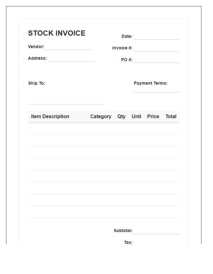 Restaurant Food Stock Inventory Invoice Template