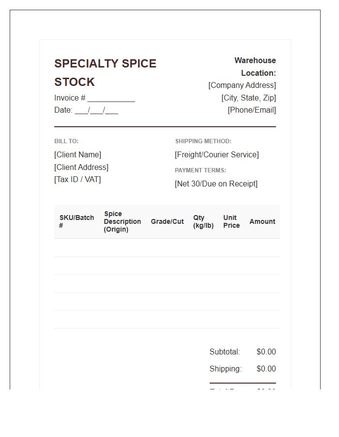 Specialty Spice Stock Invoice Template
