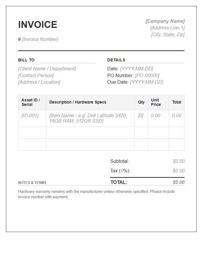 Computer Hardware Asset Inventory Invoice Template