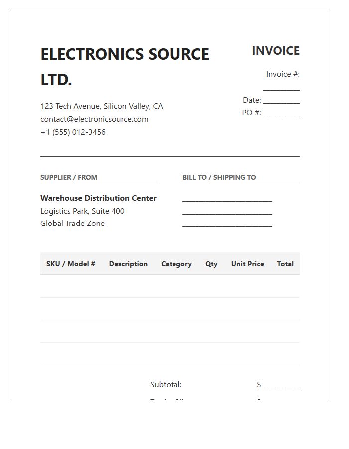 Consumer Electronics Stock Inventory Invoice Template