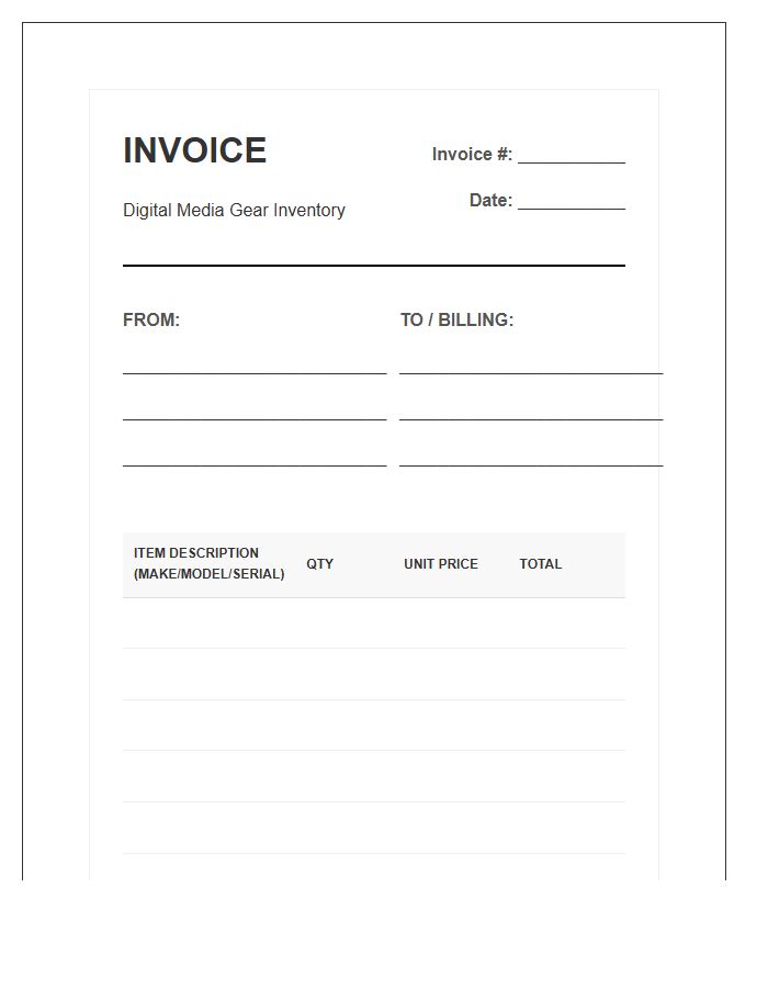 Digital Media Gear Inventory Invoice Template