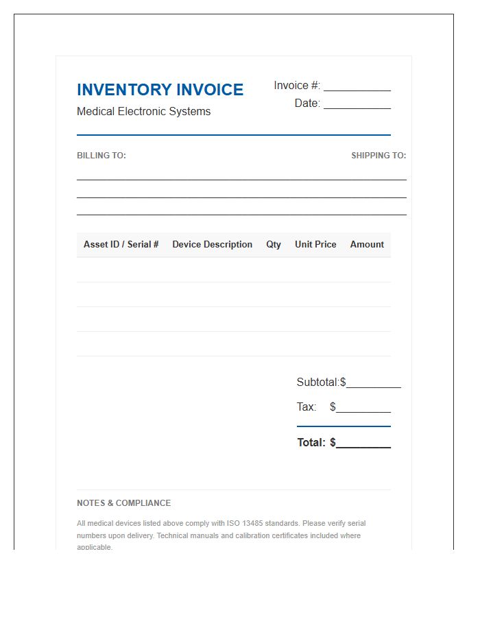 Medical Electronic Device Inventory Invoice Template
