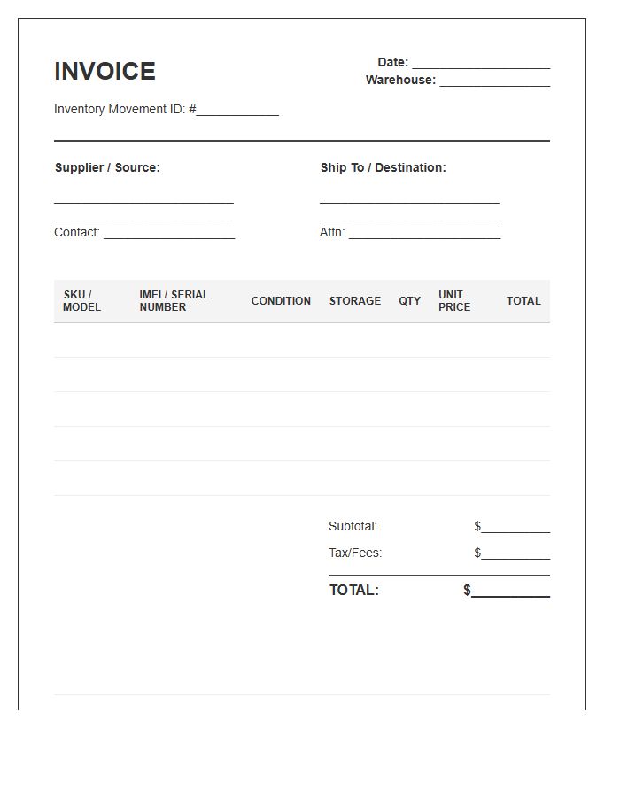 Mobile Device Inventory Tracking Invoice Template