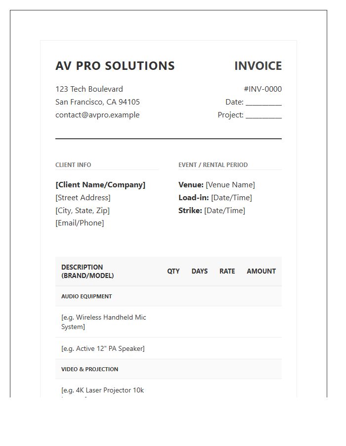 Professional Audio Visual Inventory Invoice Template