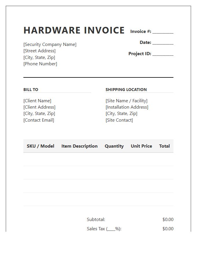 Security System Hardware Inventory Invoice Template