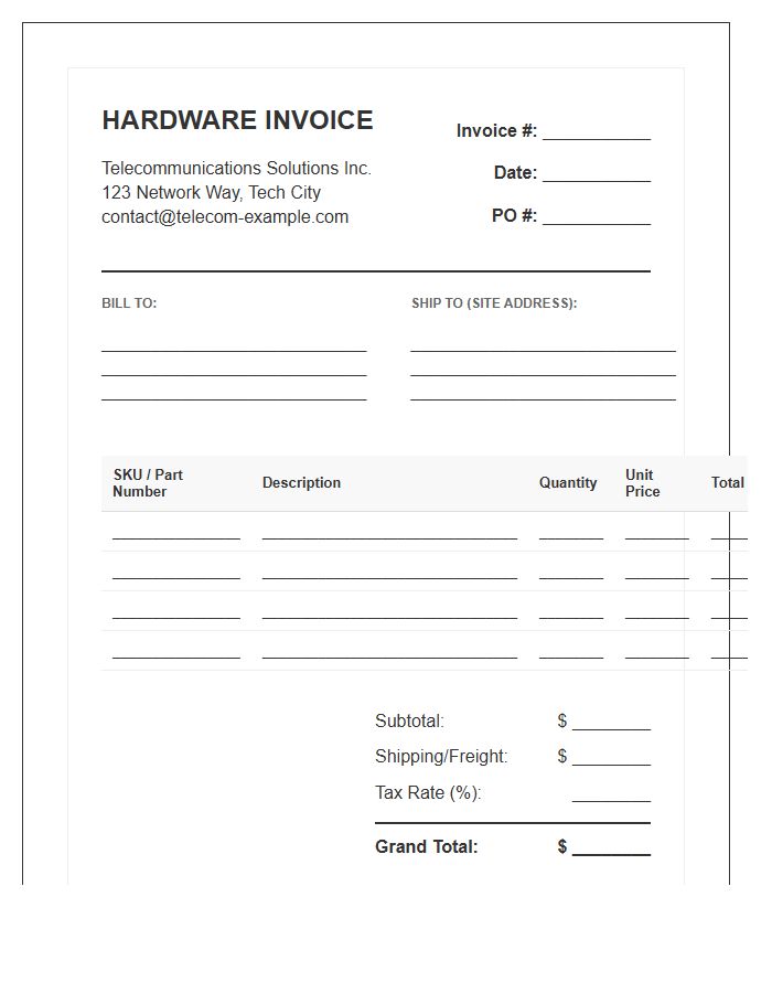 Telecommunications Hardware Inventory Invoice Template