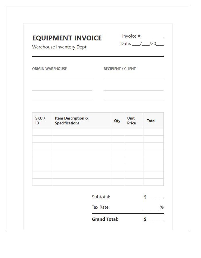 Warehouse Electronic Equipment Inventory Invoice Template