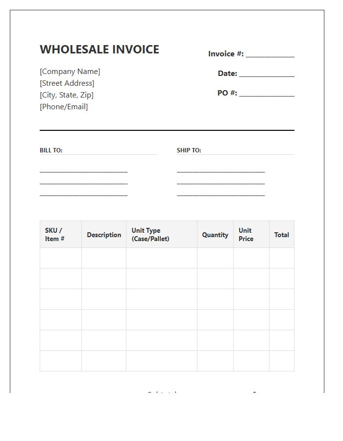 Bulk Wholesale Order Fulfillment Inventory Invoice Template