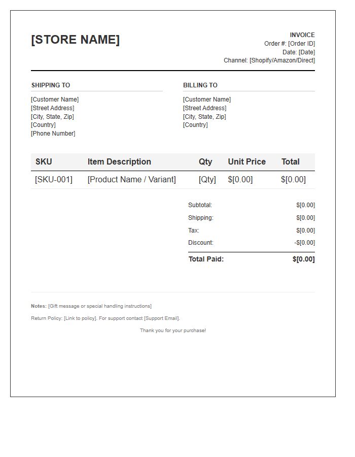 Direct To Consumer Order Fulfillment Invoice Template