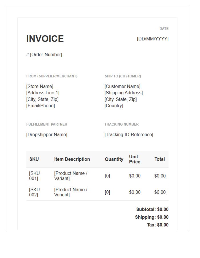 Dropshipping Order Fulfillment Inventory Invoice Template