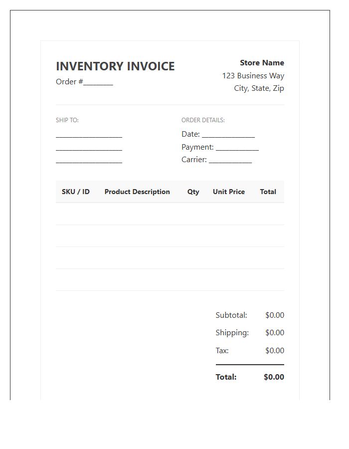 E-commerce Order Fulfillment Inventory Invoice Template