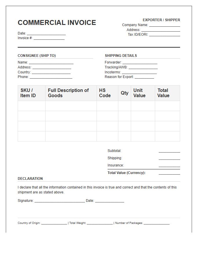 International Shipping Fulfillment Inventory Invoice Template