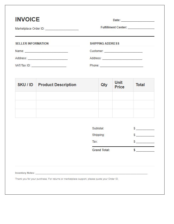 Marketplace Sales Fulfillment Inventory Invoice Template
