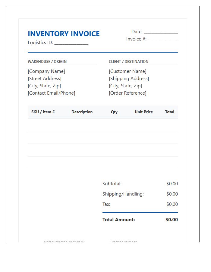 Professional E-commerce Logistics Inventory Invoice Template