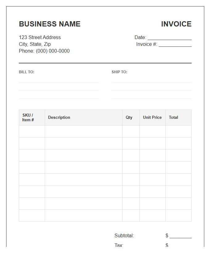 Small Business Order Inventory Invoice Template