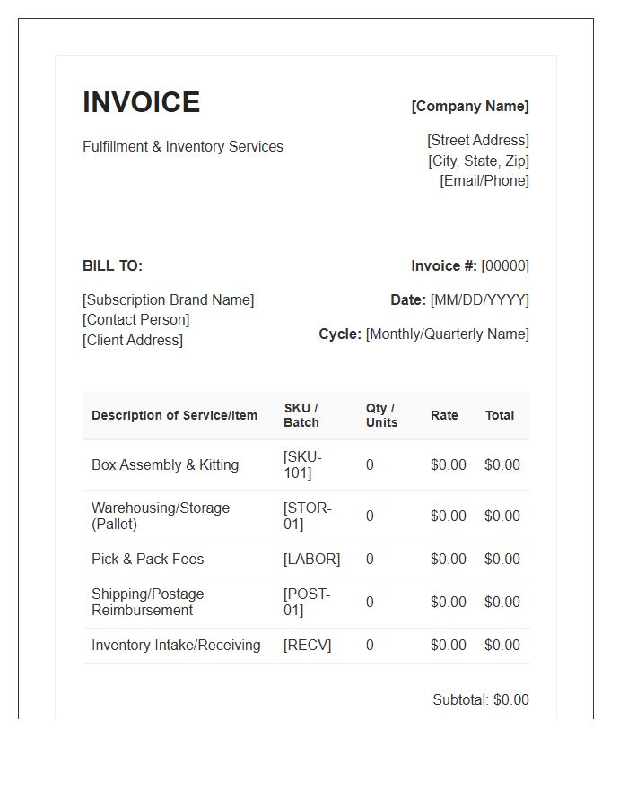 Subscription Box Fulfillment Inventory Invoice Template