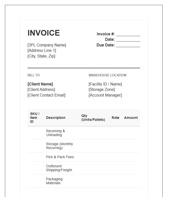 Third Party Logistics Inventory Invoice Template