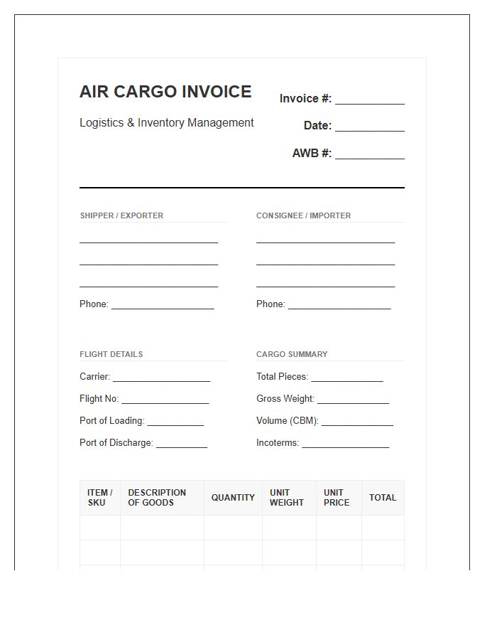 Air Cargo Logistics Inventory Invoice Template