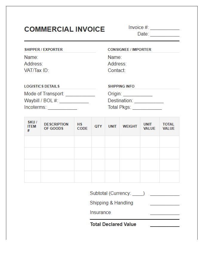 Commercial Shipping Logistics Inventory Invoice Template
