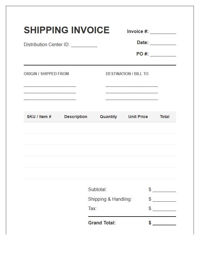 Distribution Center Shipping Inventory Invoice Template