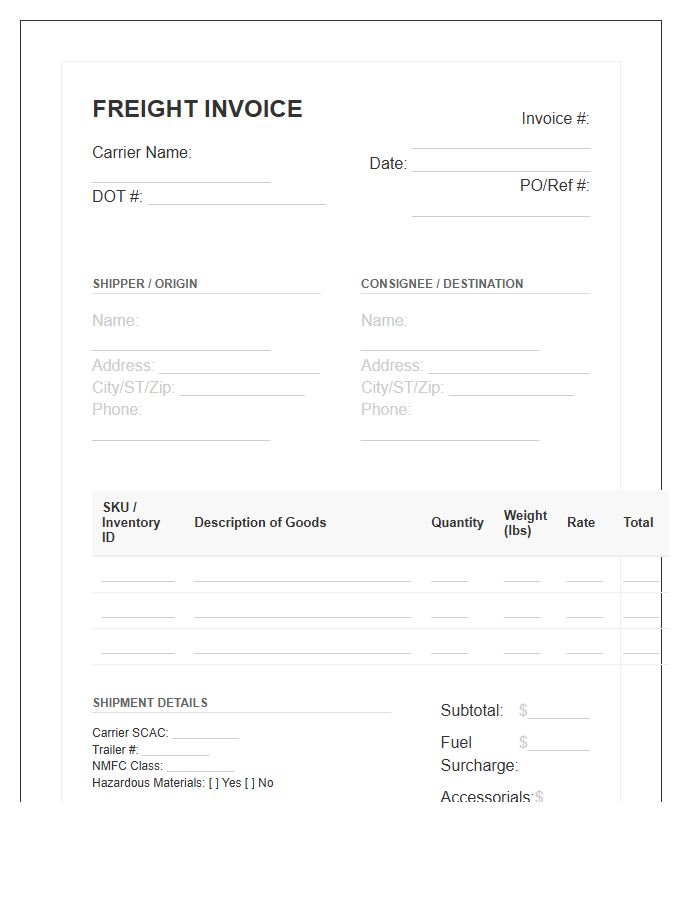 Freight Carrier Inventory Management Invoice Template