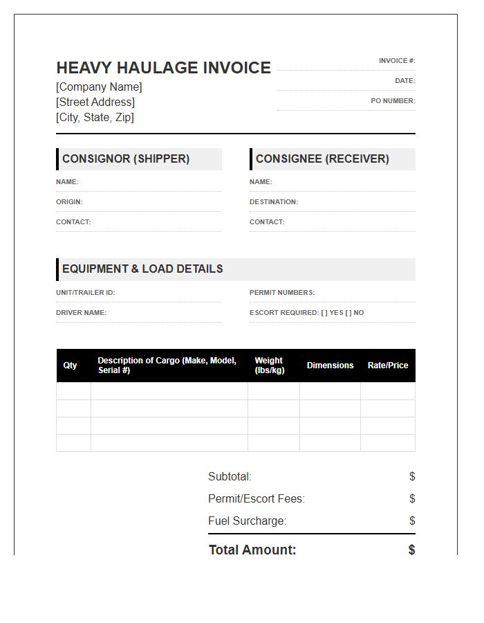 Heavy Haulage Shipping Inventory Invoice Template