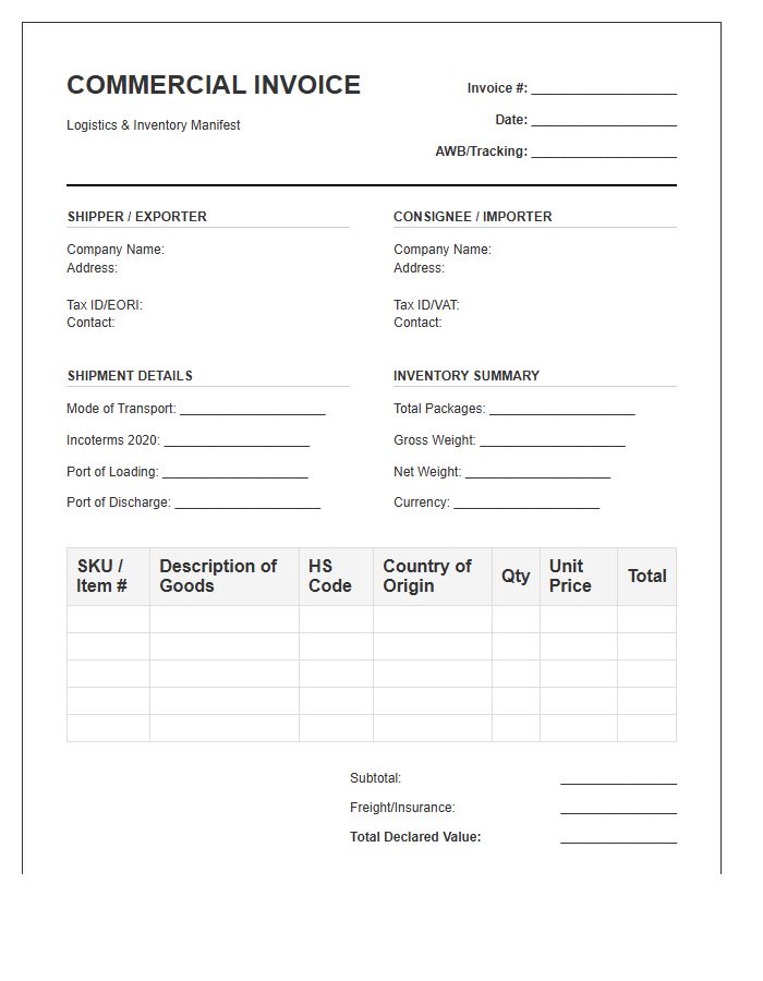 International Shipping Logistics Inventory Invoice Template