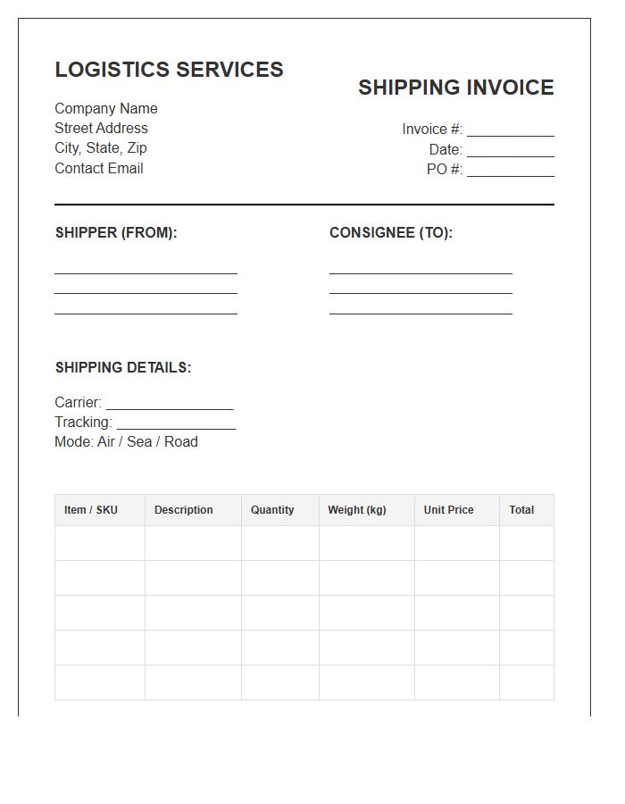 Logistics Services Shipping Inventory Invoice Template