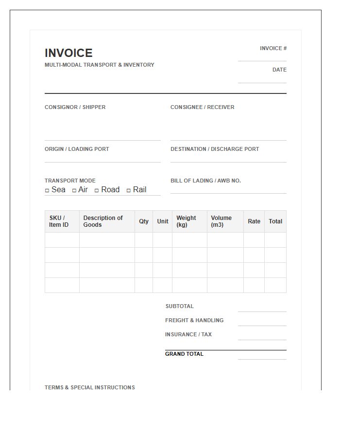 Multi Modal Transport Inventory Invoice Template