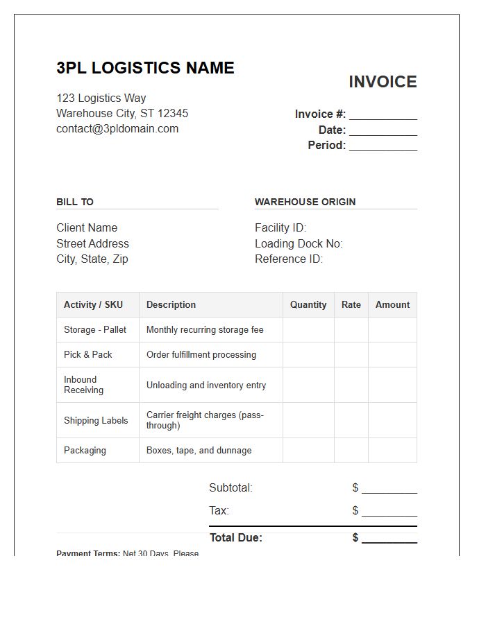 Third Party Logistics Inventory Invoice Template