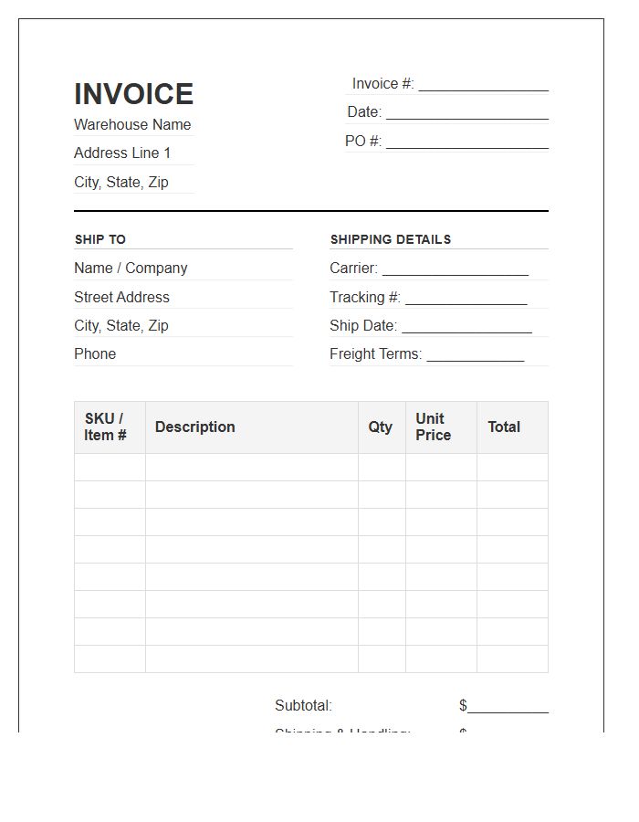 Warehouse Inventory And Shipping Invoice Template