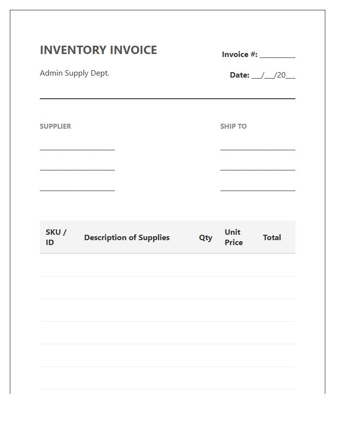 Administrative Supply Inventory Invoice Template