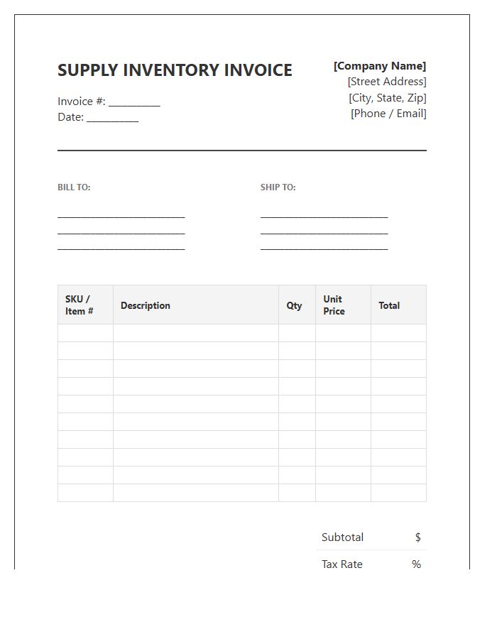 Comprehensive Supply Inventory Invoice Template