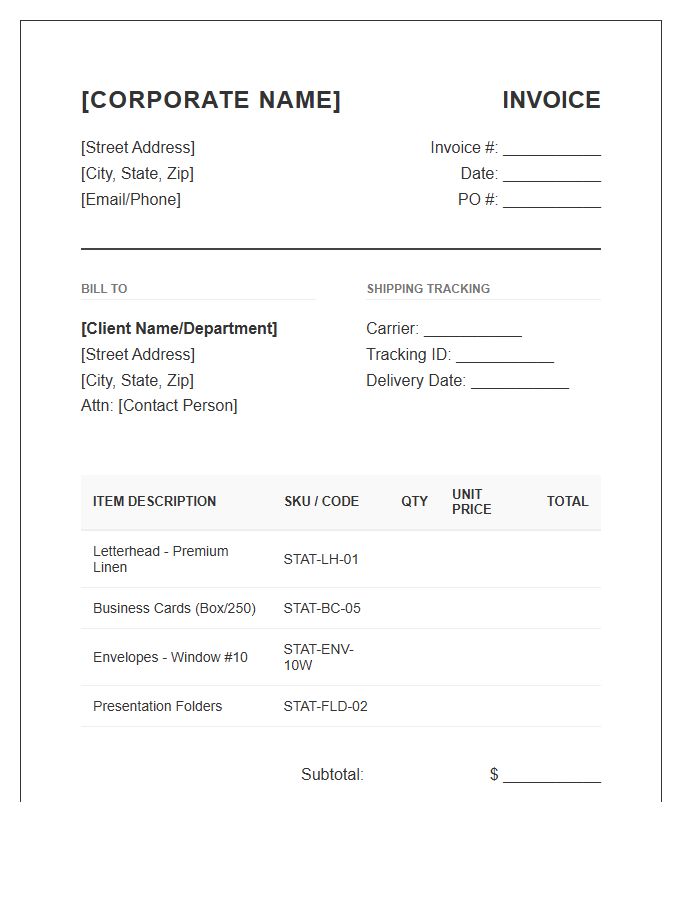 Corporate Stationery Tracking Invoice Template