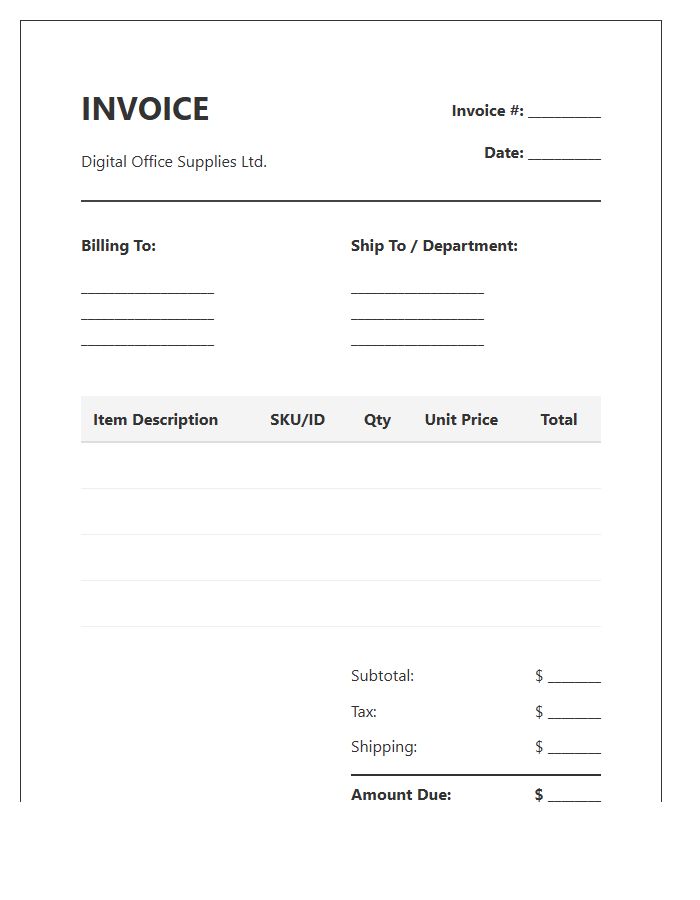 Digital Office Supply Tracking Invoice Template
