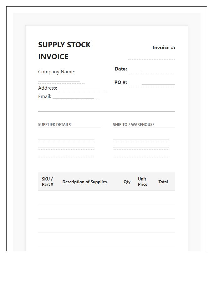 Professional Supply Stock Tracking Invoice Template