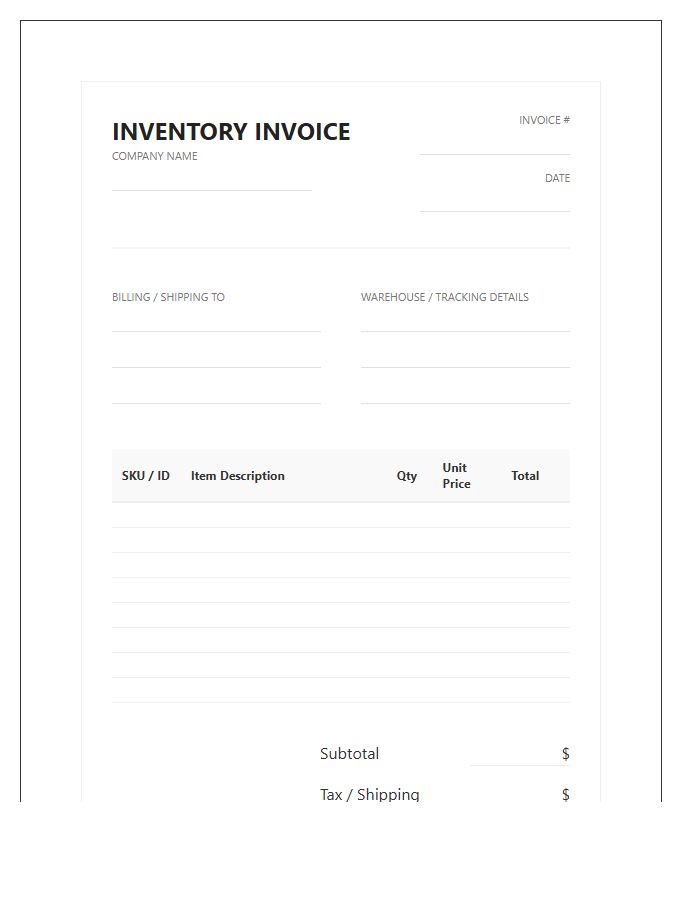 Standardized Inventory Tracking Invoice Template